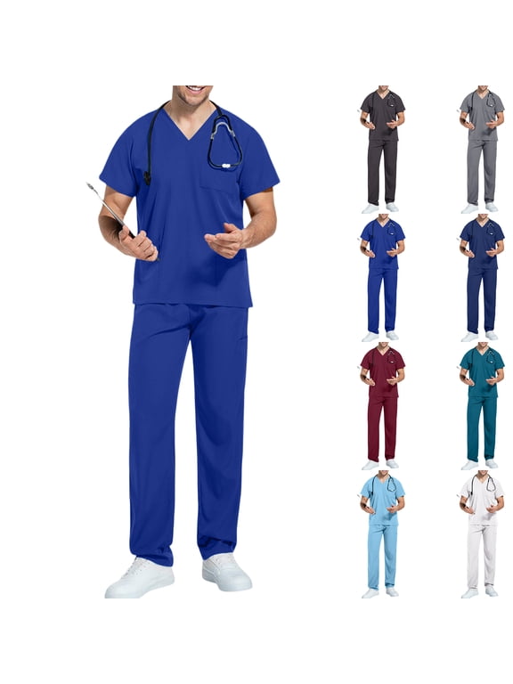 Scrubs for Men Set - V-Neck Scrub Top and Straight Leg Pants with Multi Pockets