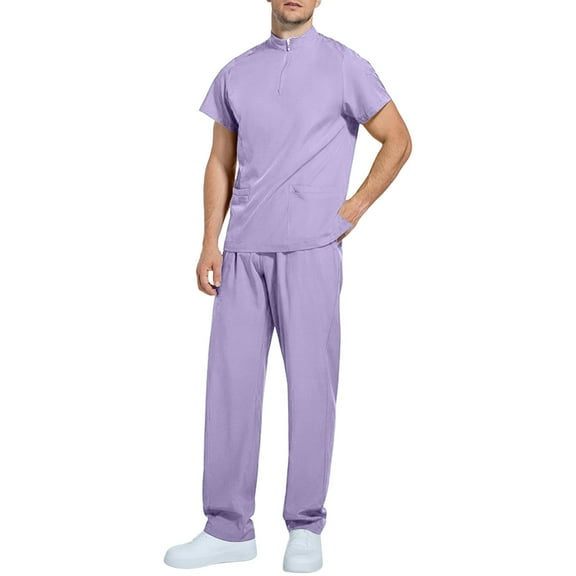 Scrubs for Men Set – short Top and Pants Mens Scrub Sets with Pocket Light Purple 2XL