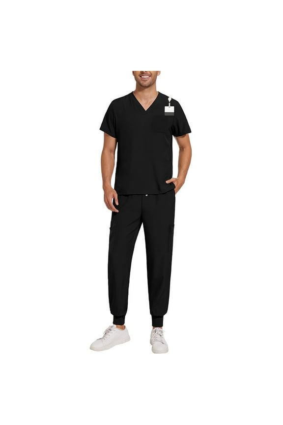 Scrubs for Men Stretch V-Neck Scrub Top Jogger Pant with Pockets Work Set Quick Dry Anti-Wrinkle Mens Scrubs Set Black M