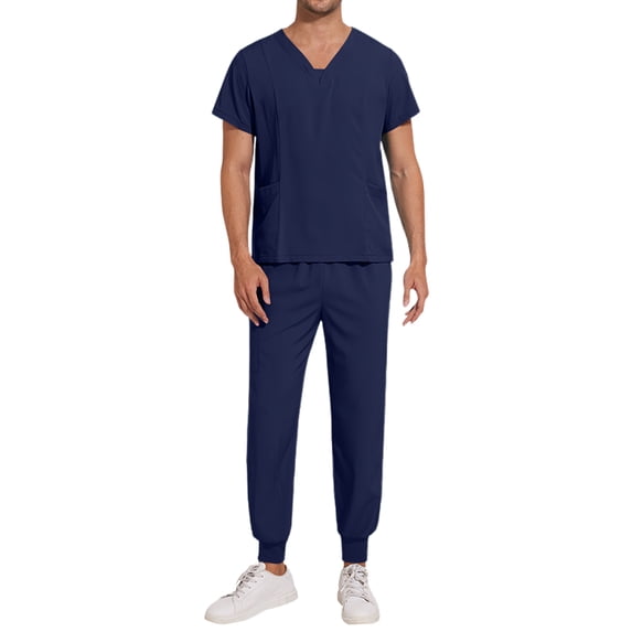 Scrubs for Men -V-Neck Scrub Top and Jogger Scrub Pant for Nursing Uniforms Anti-Wrinkle Mens Scrubs Set Navy S