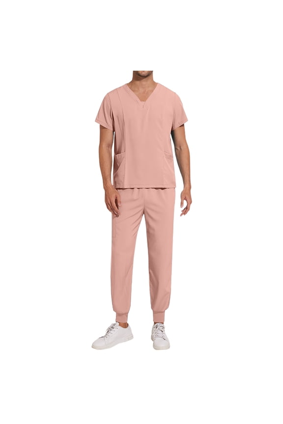 Men Scrub Set Stretch V-Neck Scrub Top & Jogger Pant with Pockets, Medical Workwear for Nurses, Pet Care Pink L