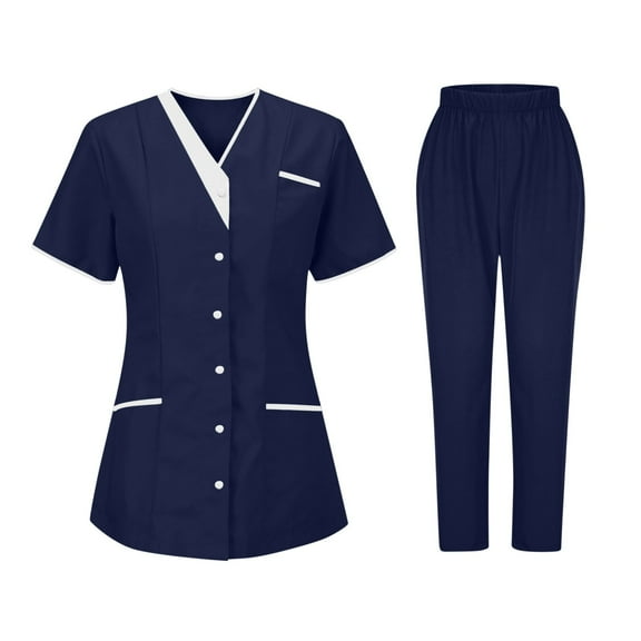 Scrubs for Women 2 Piece Set Stretch Button Doen Short Sleeve Scrub Tops with Pockets & Jogger Nurse Uniform