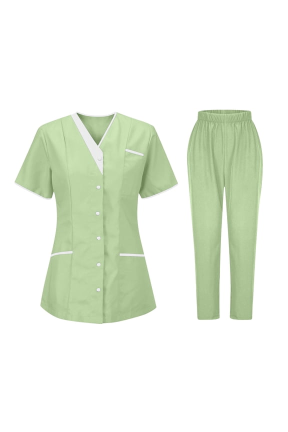 Scrubs for Women 2 Piece Set Stretch Button Doen Short Sleeve Scrub Tops with Pockets & Jogger Nurse Uniform