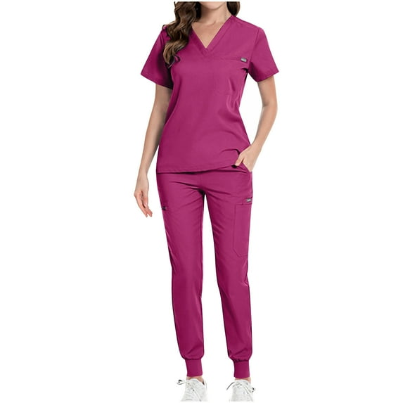 Scrubs for Women 2 Piece Sets Short Sleeve V Neck Uniform Tops and Pants Solid Color Slim Fit with Pockets Hot Pink,L