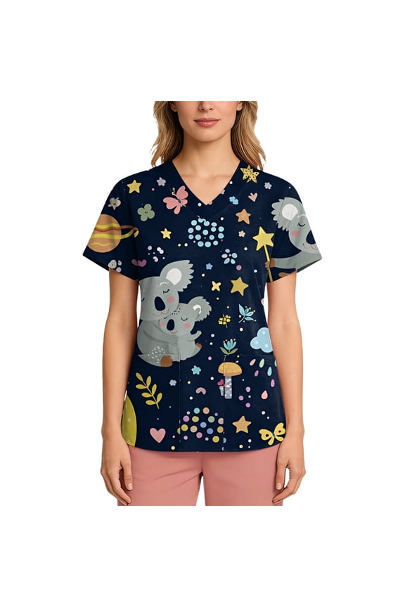 Scrubs for Women Animal Print Tops Short Sleeve Cartoon Pattern V Neck Stretchy Nursing Uniform with Pockets