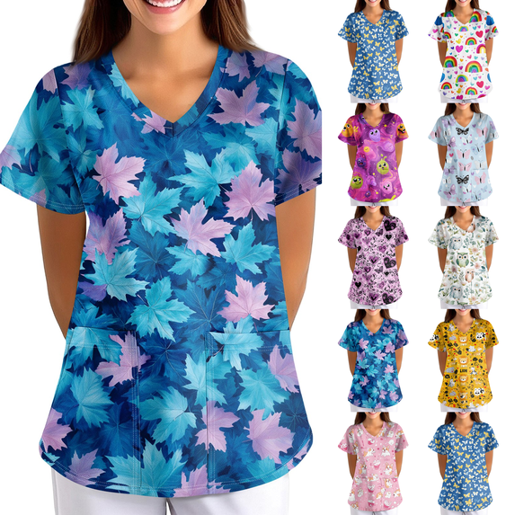 Scrubs for Women Cute Printed Scrub Tops Women Nurse Shirt V Neck Short Sleeve Blue 5XL