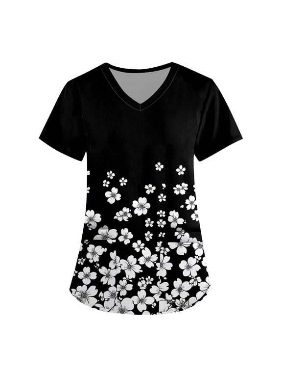 Scrubs for Women,Floral Print Medical Tops - Moisture-Wicking V-Neck Scrub Top with Cargo Pockets - Black - XXXL