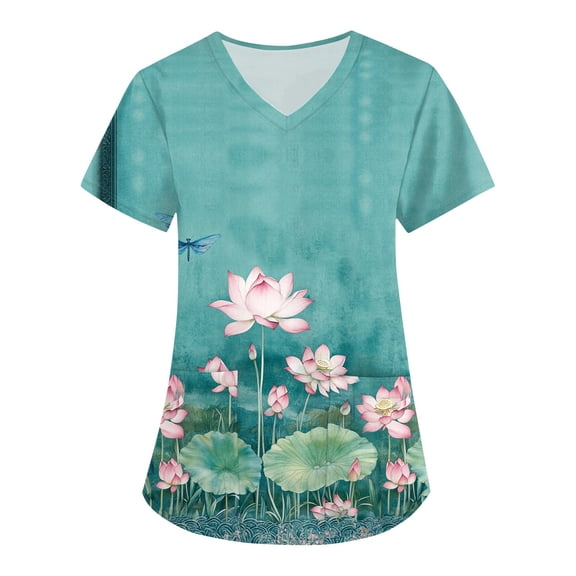 Scrubs for Women,Floral Print Medical Tops - Quick-Dry Scrub Blouse with Utility Pockets - Sky Blue - XXXXL