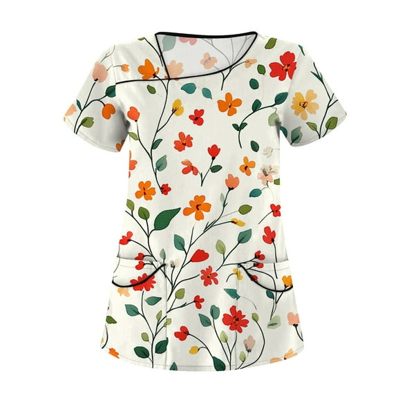 Scrubs for Women,Floral Print Women's Scrub Tops - V-Neck Short Sleeve Nursing Tops with Side Pockets - Red - S