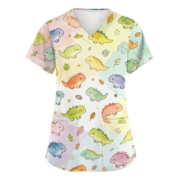 Scrubs for Women Funny Animals Pattern Short Sleeve V Neck Comfy Nursing Uniform Shirts