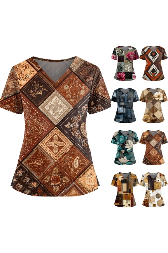 Scrubs for Women Funny Vintage Floral Print Nurse Uniforms Trendy V-Neck Side Slits Scrub Shirt Holiday Short Sleeve Tees Blouse with Pockets Brown M