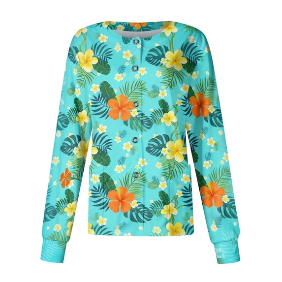 Scrubs for Women Long Sleeve Snap Front Lightweight Scrub Jackets Trendy Hawaiian Tropic Medical Uniform Easy Care Soft Nursing Jacket Light Blue 5XL