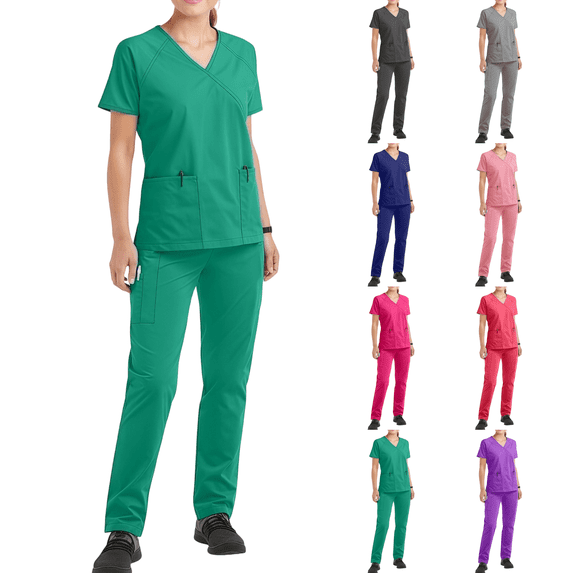Scrubs for Women Medical Scrub Sets V-Neck Short Sleeve Nursing Tops & Cargo Pants Straight Leg Uniforms Set with Pockets Green M