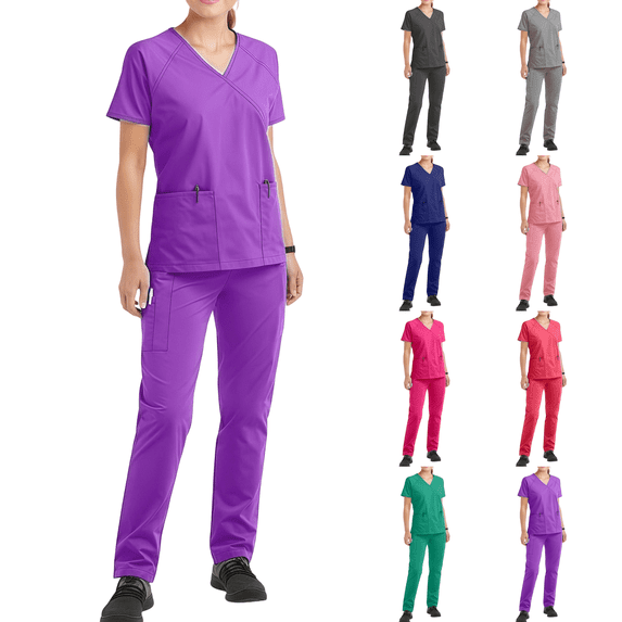 Scrubs for Women Medical Scrub Sets V-Neck Short Sleeve Nursing Tops & Cargo Pants Straight Leg Uniforms Set with Pockets Purple M