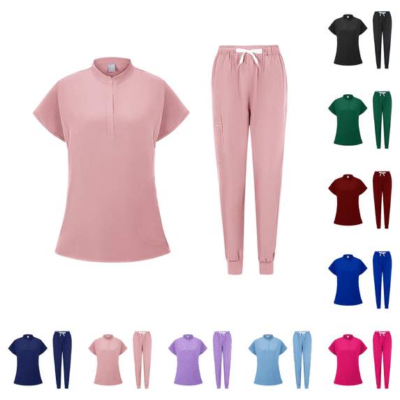 Scrubs for Women Medical Scrub Sets V-Neck Short Sleeve Nursing Tops & Cargo Pants Uniforms Set with Pockets Pink L