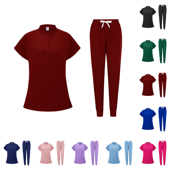 Scrubs for Women Medical Scrub Sets V-Neck Short Sleeve Nursing Tops & Cargo Pants Uniforms Set with Pockets Wine L