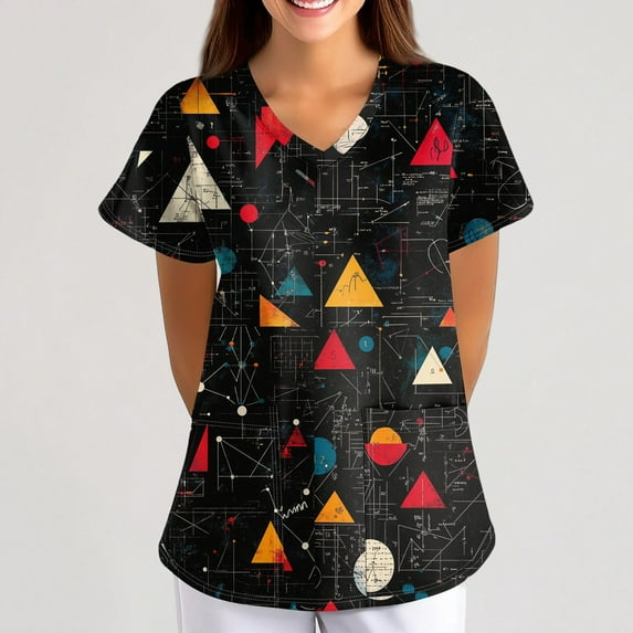 Scrubs for Women Nursing Uniform Scrub Tops, Stretch V Neck Short Sleeve Workwear Graphic Printed Blouse Tshirts