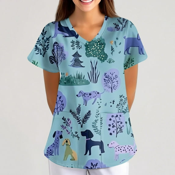 Scrubs for Women Nursing Uniform Scrub Tops, Stretch V Neck Short Sleeve Workwear Graphic Printed Blouse Tshirts