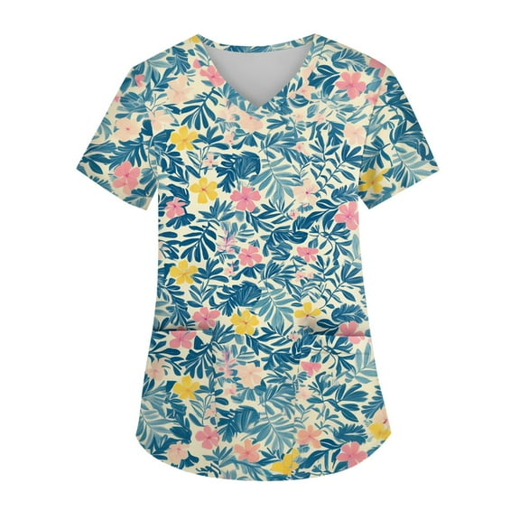 Scrubs for Women Petite,Hawaiian Print Scrubs Top- Performance Fabric Tops with Side Slit Pockets - Turquoise - XXXXL