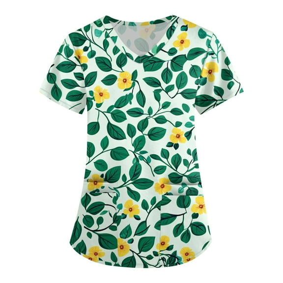 Scrubs for Women Petite,Hawaiian Print Scrubs Tops for Women - V-Neck Short Sleeve Nursing Uniform with Pocket - Green - XXXL