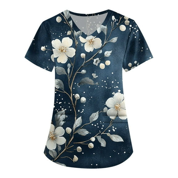 Scrubs for Women Petite,V-Neck Scrub Tops with Floral Print - 2-Pocket Stretchy Scrubs with Convertible V-Neck - Navy - L
