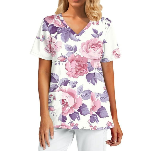 Scrubs for Women Petite,Womens Workwear Tops - Durable Scrub Tops with Reinforced Shoulders & Pockets - Purple Pink - L