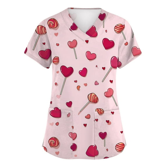 Scrubs for Women Plus Size,Animal Ribbon Print Nurse Tops - Stretchy V-Neck Scrub Shirts with Hidden Pen Pocket - Pink - XL