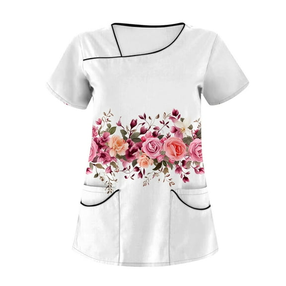 Scrubs for Women Plus Size,Floral Print Women's Scrub Tops - V-Neck Short Sleeve Nursing Tops with Side Pockets - White - L