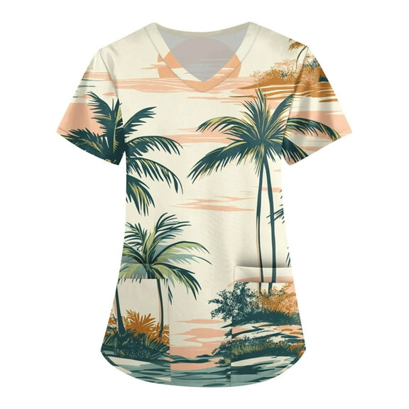 Scrubs for Women Plus Size,Hawaiian Print Scrubs Tops for Women - V-Neck Short Sleeve Nursing Uniform with Pocket - Mint Green - XXXXXL