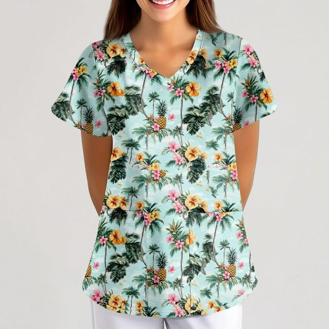 Scrubs for Women Plus Size Stretch Short Sleeve V Neck Cute Animal Pattern Nurse Tops Working Uniform Nursing Top with Pockets 04-Cyan 2XL