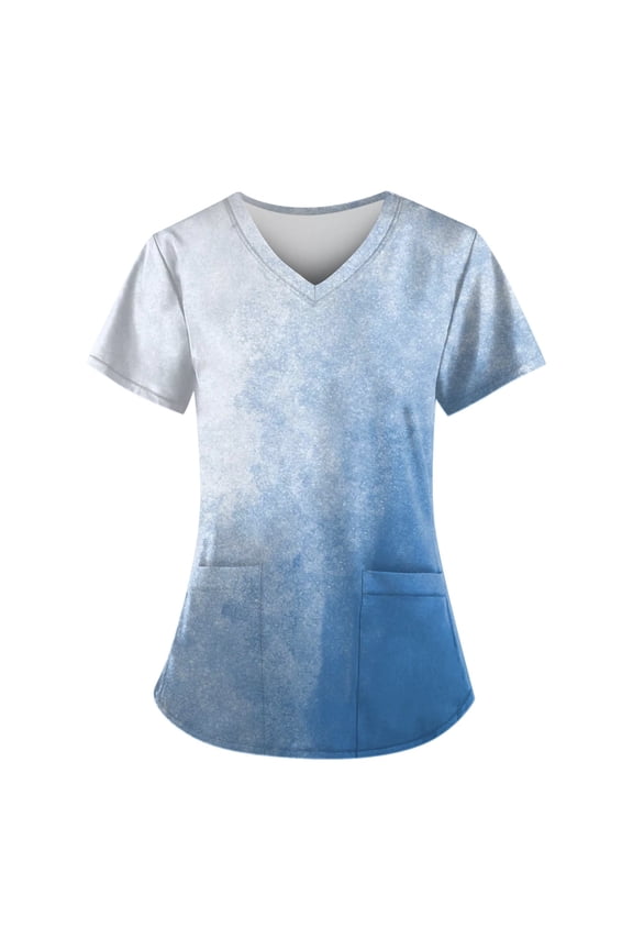 Scrubs for Women Plus Size V Neck Lightweight Basic Tees for Women Gradient Color Stretch Casual Short Sleeve with Pockets Blue Size S