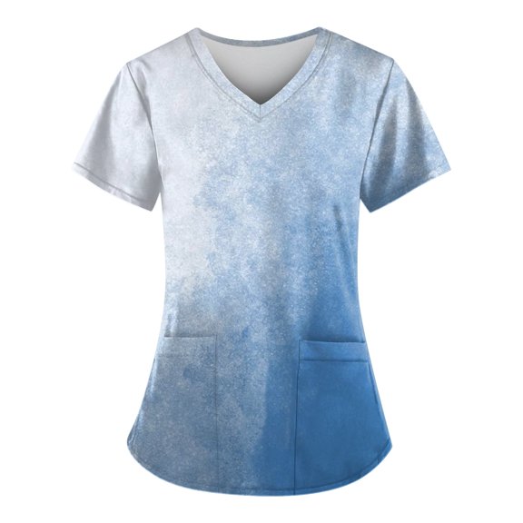 Scrubs for Women Plus Size V Neck Lightweight Basic Tees for Women Gradient Color Stretch Casual Short Sleeve with Pockets Blue Size S