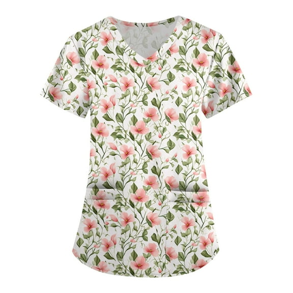Scrubs for Women Plus Size,V-Neck Scrub Tops with Floral Print - 2-Pocket Stretchy Scrubs with Convertible V-Neck - Pink - XXXL