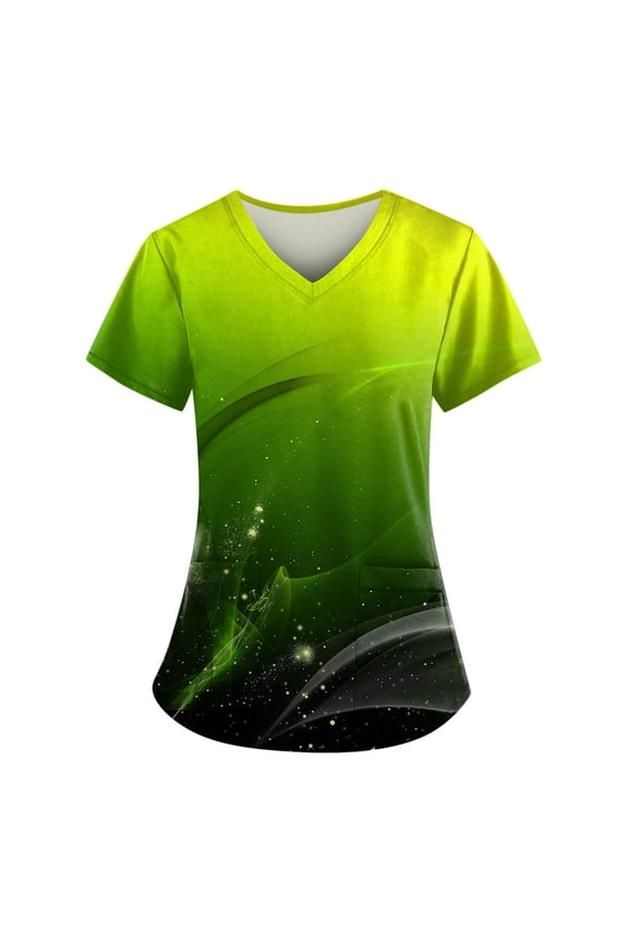 Scrubs for Women Printed Stretchy Scrub Tops Nurse Uniform Shirts V-Neck Short Sleeve Fun T-Shirt Tee with Pockets Green 2XL