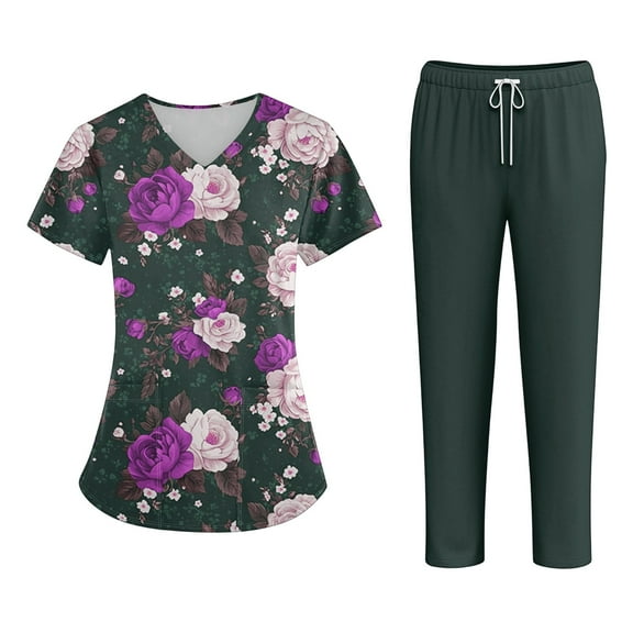 Scrubs for Women Scrub Set - Fashion Floral Print Workwear Relax Fit V-Neck Top Long Pants Easy Care Uniform Dark Gray S