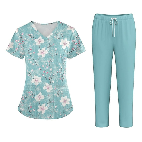 Scrubs for Women Scrub Set - Fashion Floral Print Workwear Relax Fit V-Neck Top Long Pants Easy Care Uniform Light Blue XXL