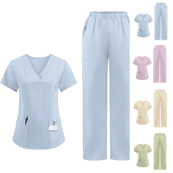 Scrubs for Women Scrub Set Jogger Pant and Comfort Stretch V-Neck Top Pockets Easy Care Uniforms Light Blue L