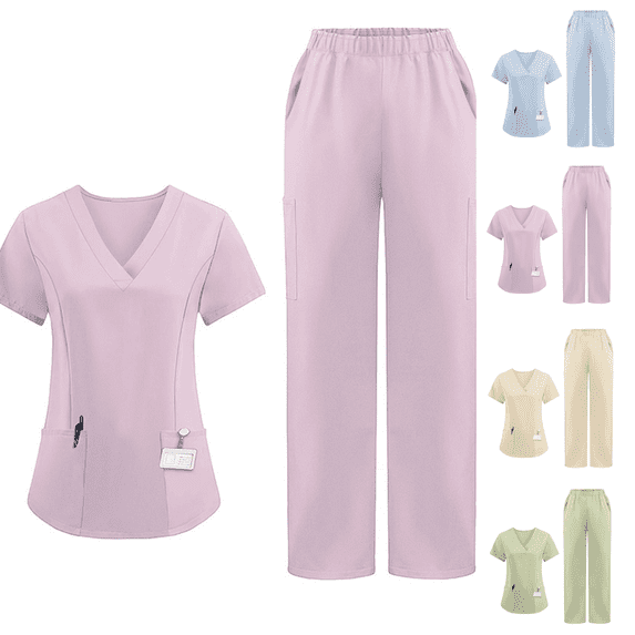 Scrubs for Women Scrub Set Jogger Pant and Comfort Stretch V-Neck Top Pockets Easy Care Uniforms Light pink S