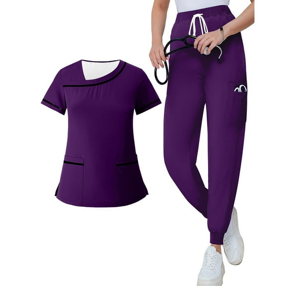 Scrubs for Women Scrub Set - Jogger Pants and Comfort Stretch V-Neck Tops, 5 Pockets, Easy Care Uniforms Purple S