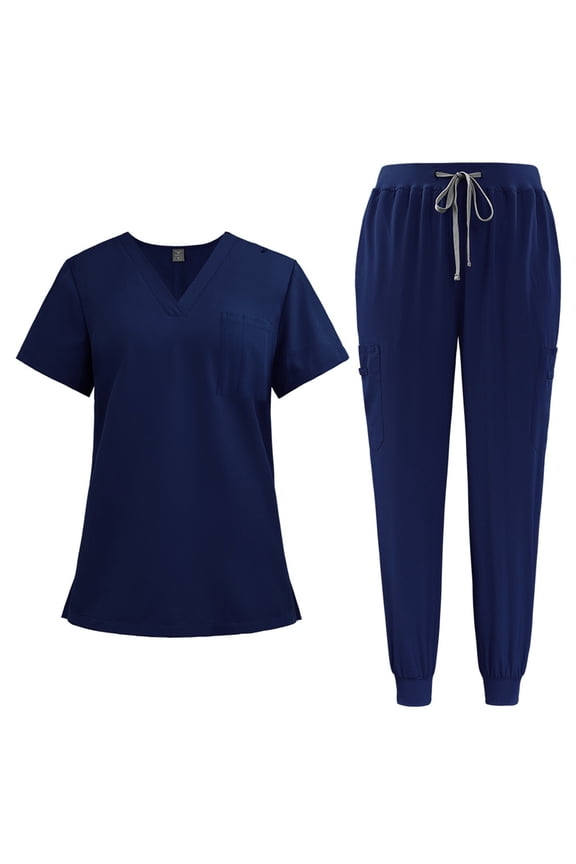 Scrubs for Women Scrub Set -Slim Fit Jogger Pant and Mandarin Collar Tuck-In Top, Easy Care Uniform Blue L