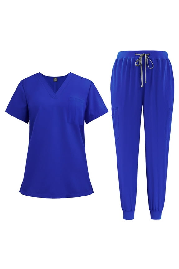 Scrubs for Women Scrub Set -Slim Fit Jogger Pant and Mandarin Collar Tuck-In Top, Easy Care Uniform Blue Xl