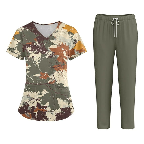 Scrubs for Women Scrub Set - V-Neck Scrub Top and Straight Leg Pant, Fashion Print Easy Care Nurse Working Uniforms Army Green M