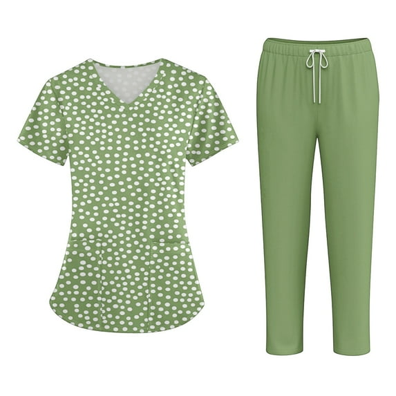 Scrubs for Women Scrub Set - V-Neck Scrub Top and Straight Leg Pant, Fashion Print Easy Care Nurse Working Uniforms Green M