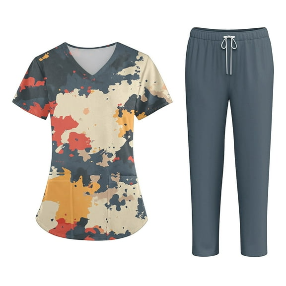 Scrubs for Women Scrub Set - V-Neck Scrub Top and Straight Leg Pant, Fashion Print Easy Care Nurse Working Uniforms Khaki XL