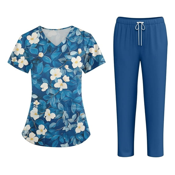 Scrubs for Women Scrub Set - V-Neck Scrub Top and Straight Leg Pant, Fashion Print Easy Care Nurse Working Uniforms Sky Blue XXL