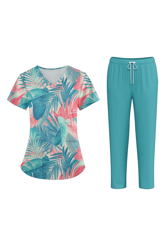 Scrubs for Women Scrub Set - V-Neck Scrub Top and Straight Leg Pant, Fashion Print Easy Care Nurse Working Uniforms Sky Blue XXL