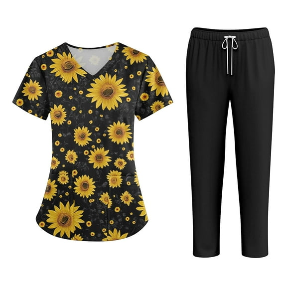 Scrubs for Women Scrub Set - V-Neck Scrub Top and Straight Leg Pant, Fashion Print Easy Care Nurse Working Uniforms Yellow L