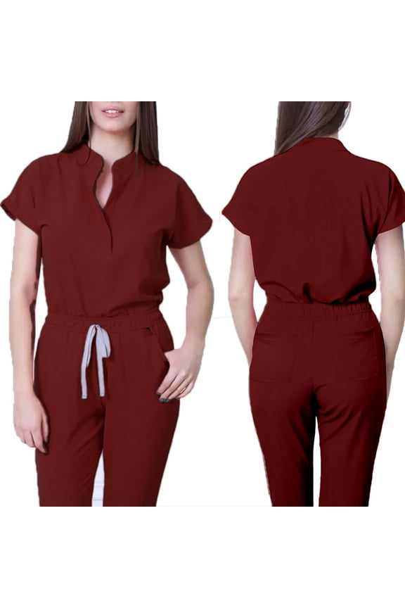 Scrubs for Women Scrub Sets, Slim Scrubs Stretch Top & Jogger Scrub Pants with Multi Pocket Yoga Waistband Wine S