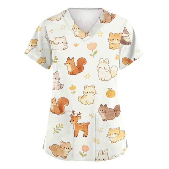 Scrubs for Women Scrub Tops Cute Cartoon Print V Neck Short Sleeve Scrub Shirts