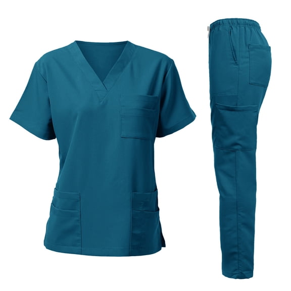 Scrubs for Women Set 2 Piece Stretch V Neck Scrub Top Jogger Pant with Cargo Pockets 2025 Blue M